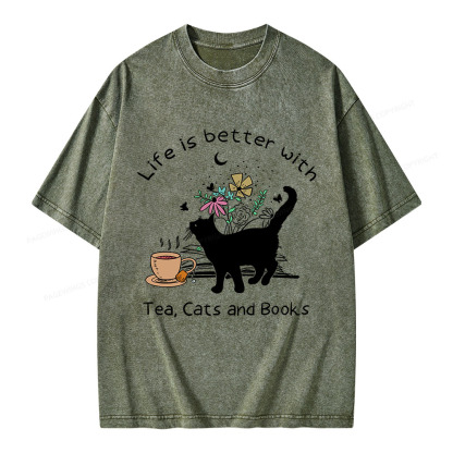 Pagewings Life Is Better With Tea Cats And Books Unisex Washed T-shirt