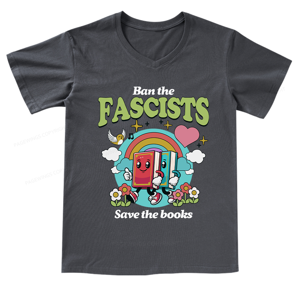 Pagewings Ban the Fascists Save the Books V-neck T-shirt