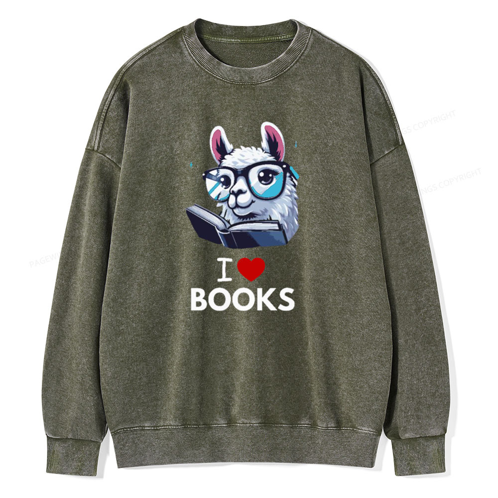 Pagewings  love Books Lama Reading Gift on Women’s Unisex Washed Sweatshirt