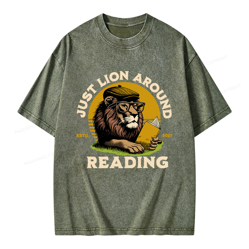 Pagewings Just Lion Around Reading Unisex Washed T-shirt