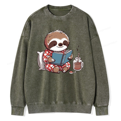 Pagewings Books Sloth Book lover Gift cute sloth on Unisex Washed Sweatshirt