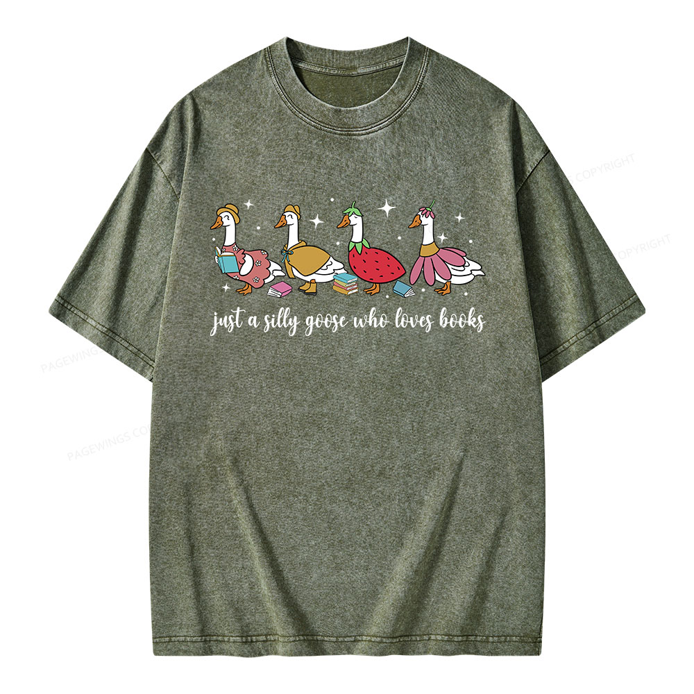 Pagewings Just A Silly Goose Who Loves Books Unisex Washed T-shirt