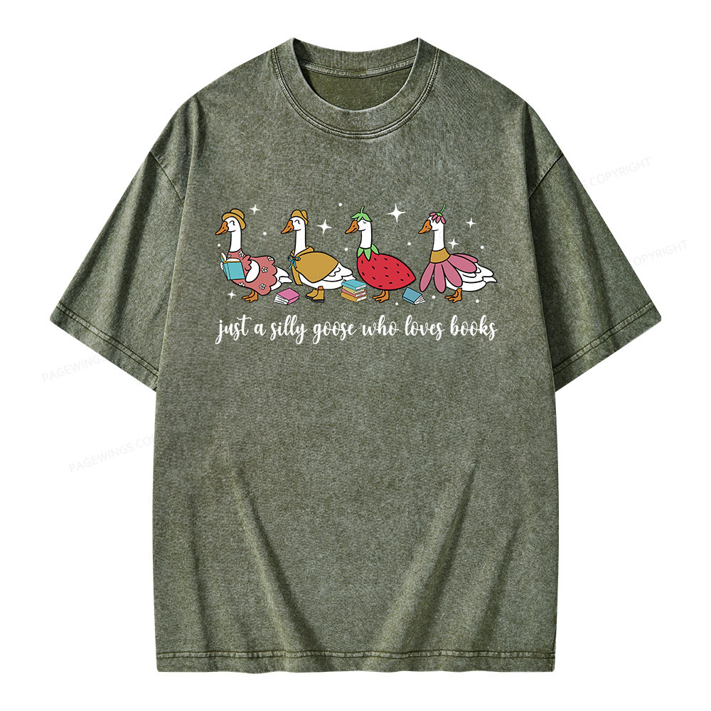 Pagewings Just A Silly Goose Who Loves Books Unisex Washed T-shirt