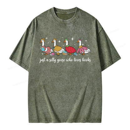 Pagewings Just A Silly Goose Who Loves Books Unisex Washed T-shirt
