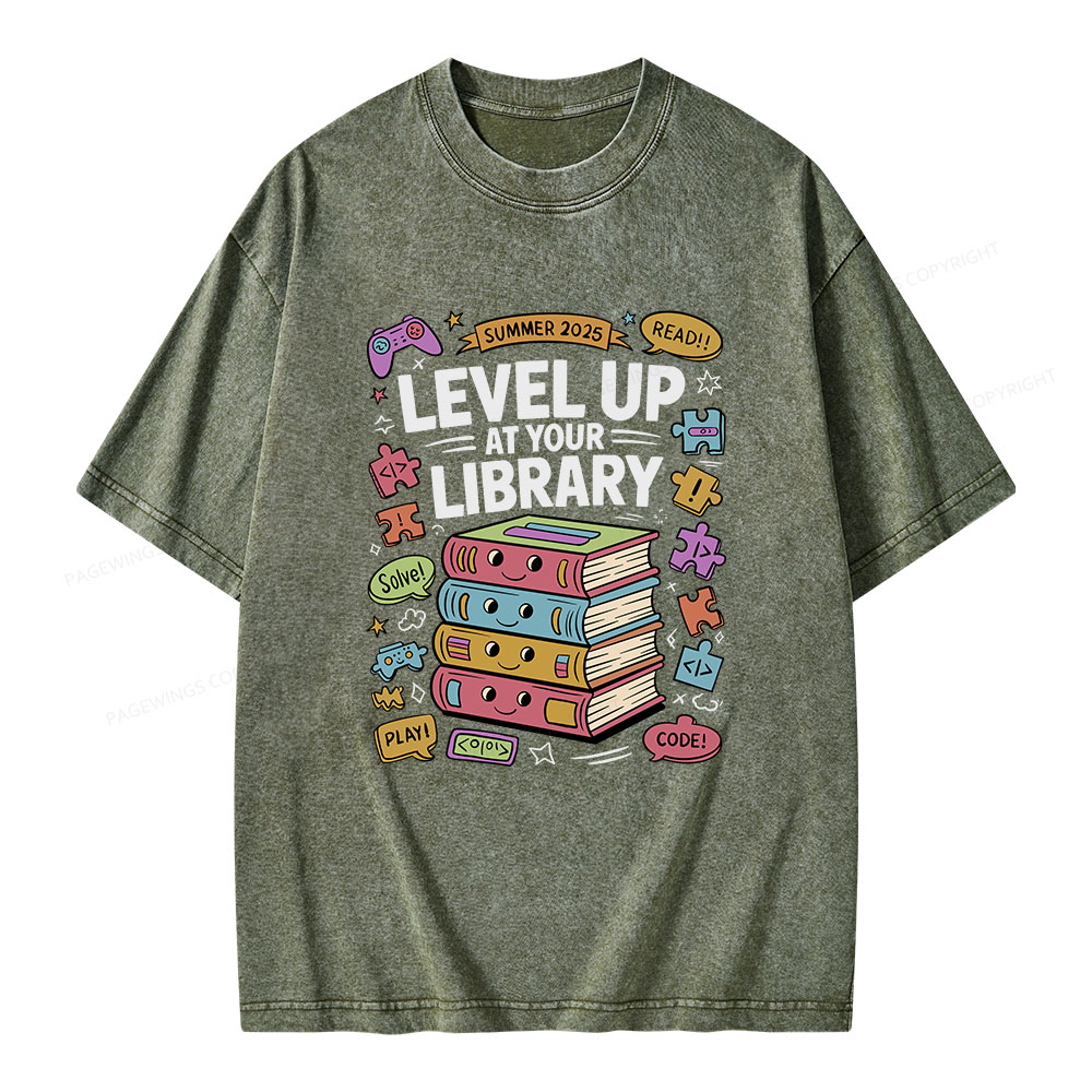 Pagewings Level Up at Your Library Summer 2025 Unisex Washed T-shirt