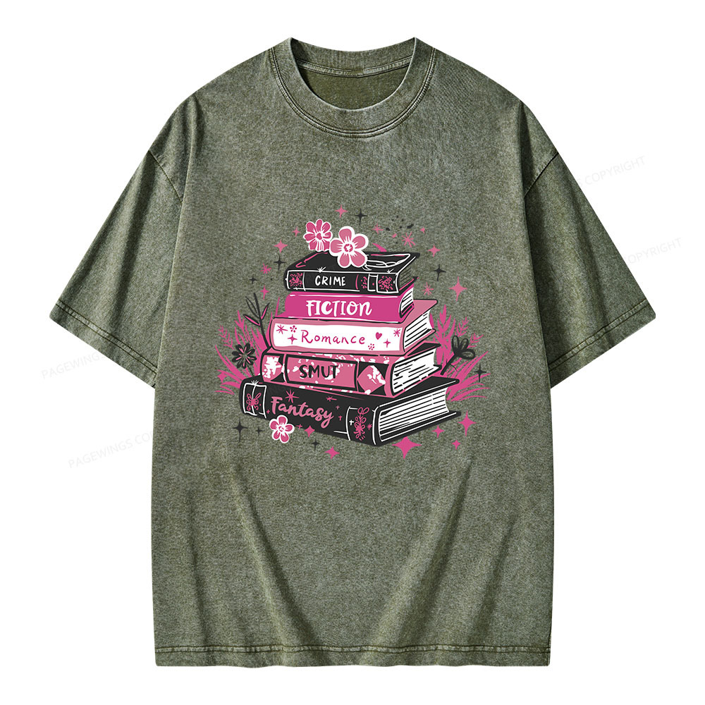 Pagewings Floral Book Stack Book Lover Unisex Washed T-shirt