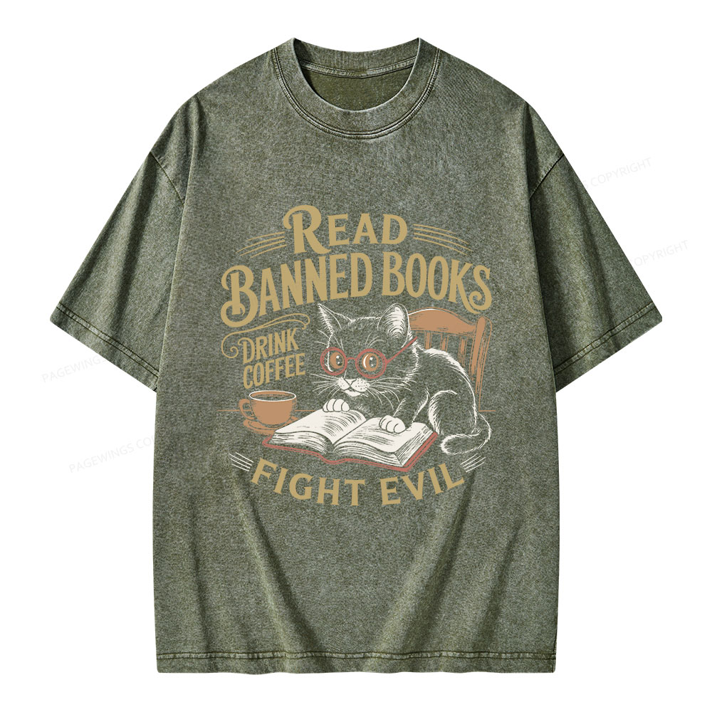Pagewings Read Books Drink Coffee Fight Evil Unisex Washed T-shirt