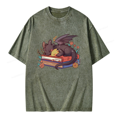 Pagewings Cute Book Dragon Unisex Washed T-shirt