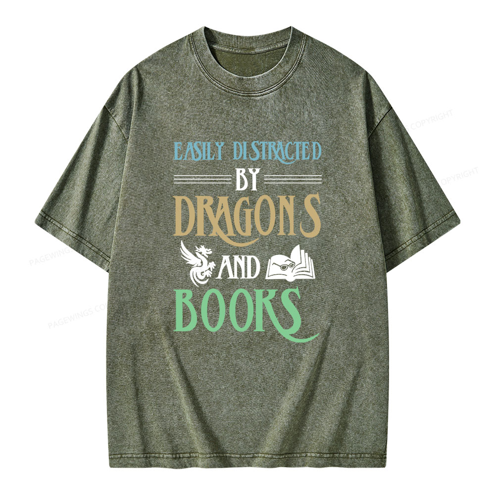 Pagewings Easily Distracted By Dragons And Books Unisex Washed T-shirt