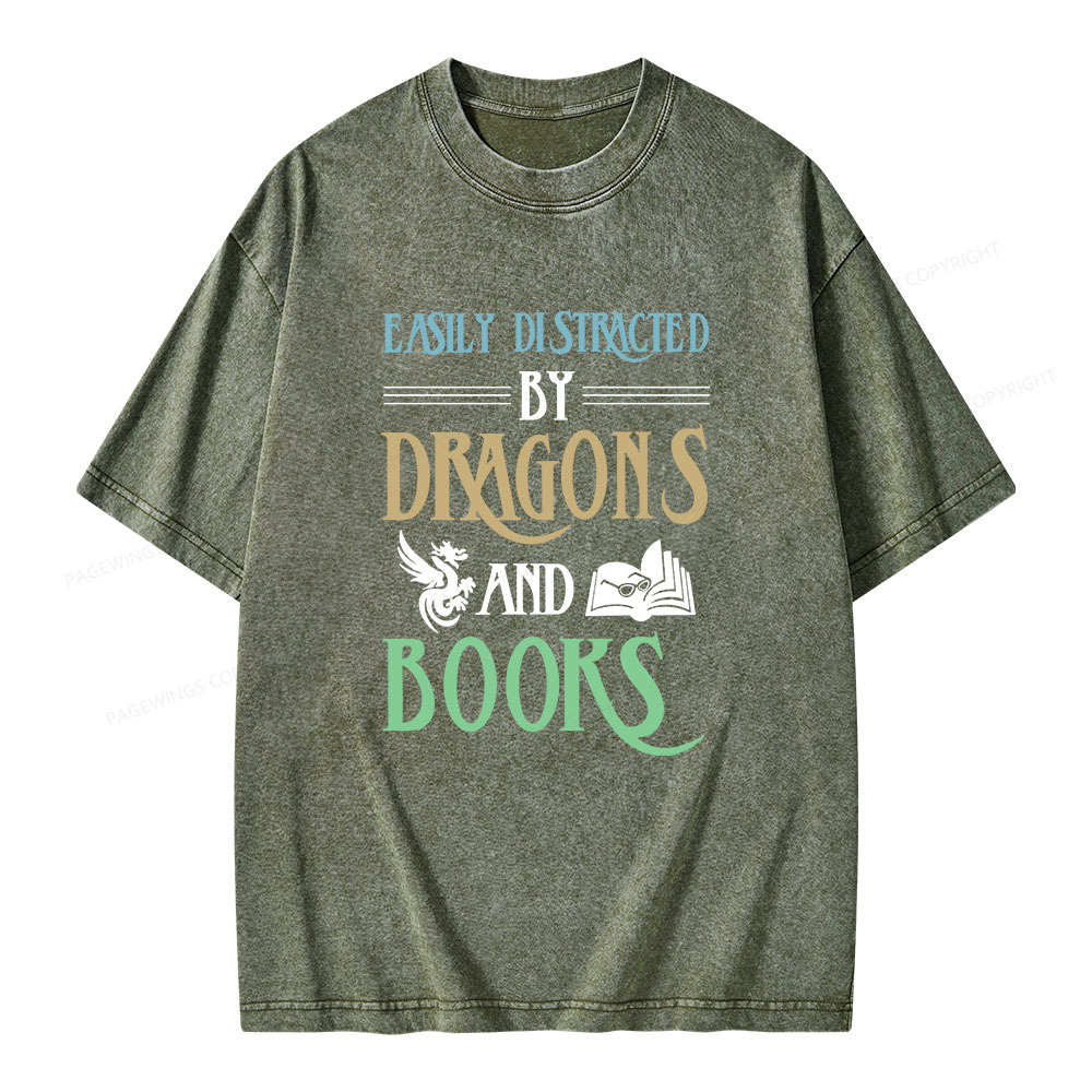 Pagewings Easily Distracted By Dragons And Books Unisex Washed T-shirt