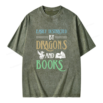 Pagewings Easily Distracted By Dragons And Books Unisex Washed T-shirt