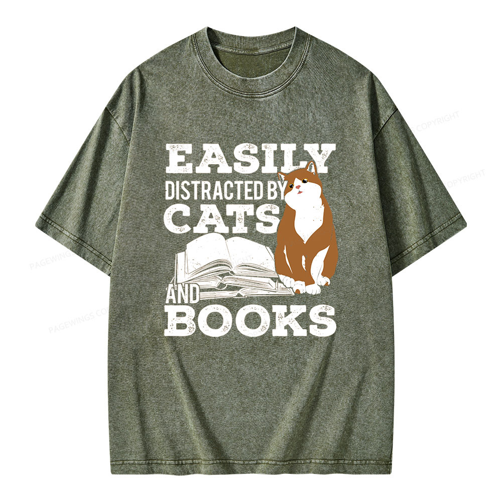 Pagewings Easily Distracted By Cats And Books All Year Unisex Washed T-shirt