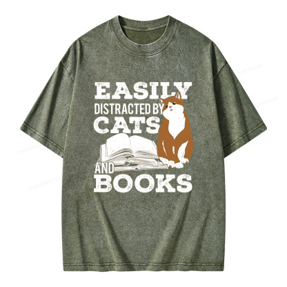 Pagewings Easily Distracted By Cats And Books All Year Unisex Washed T-shirt