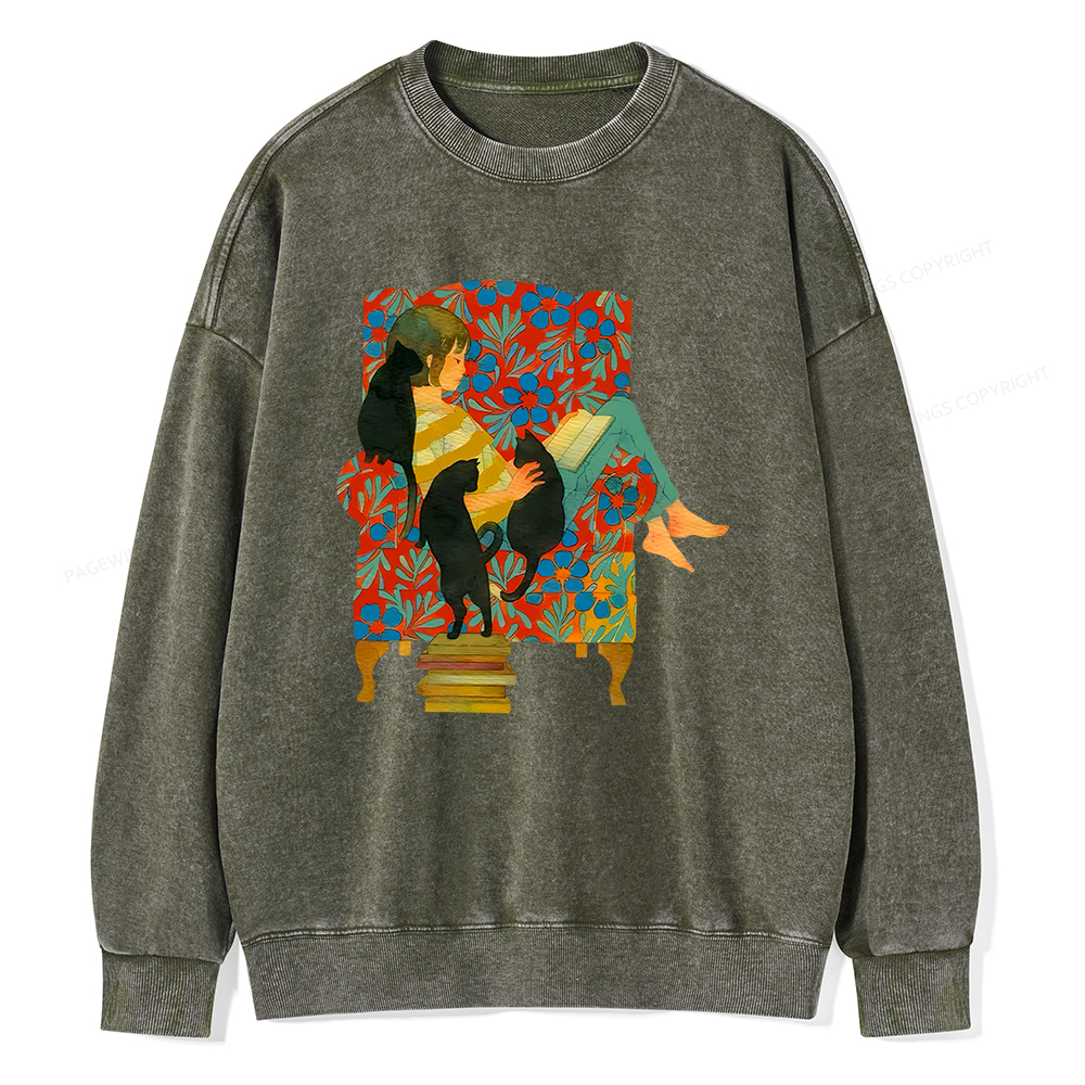 Pagewin A girl reading a book on the sofa Unisex Washed Sweatshirt