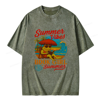 Pagewings Book Girl Summer Feral Raccoon Unisex Washed T-shirt
