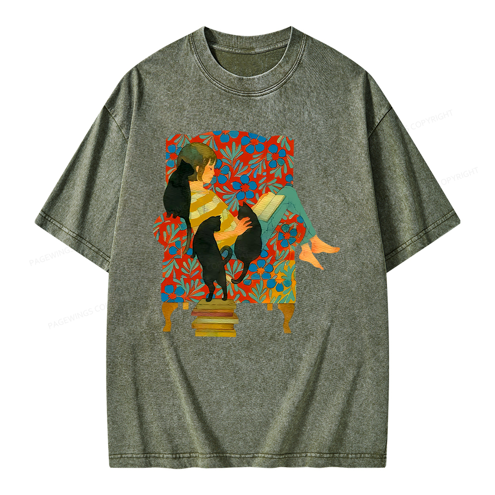 Pagewing A girl reading a book on the sofa Unisex Washed T-shirt