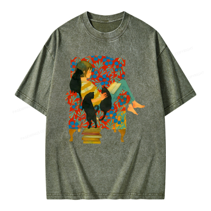 Pagewing A girl reading a book on the sofa Unisex Washed T-shirt