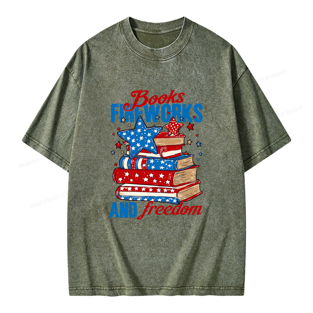 Pagewings Books Fireworks and Freedom Retro Unisex Washed T-shirt