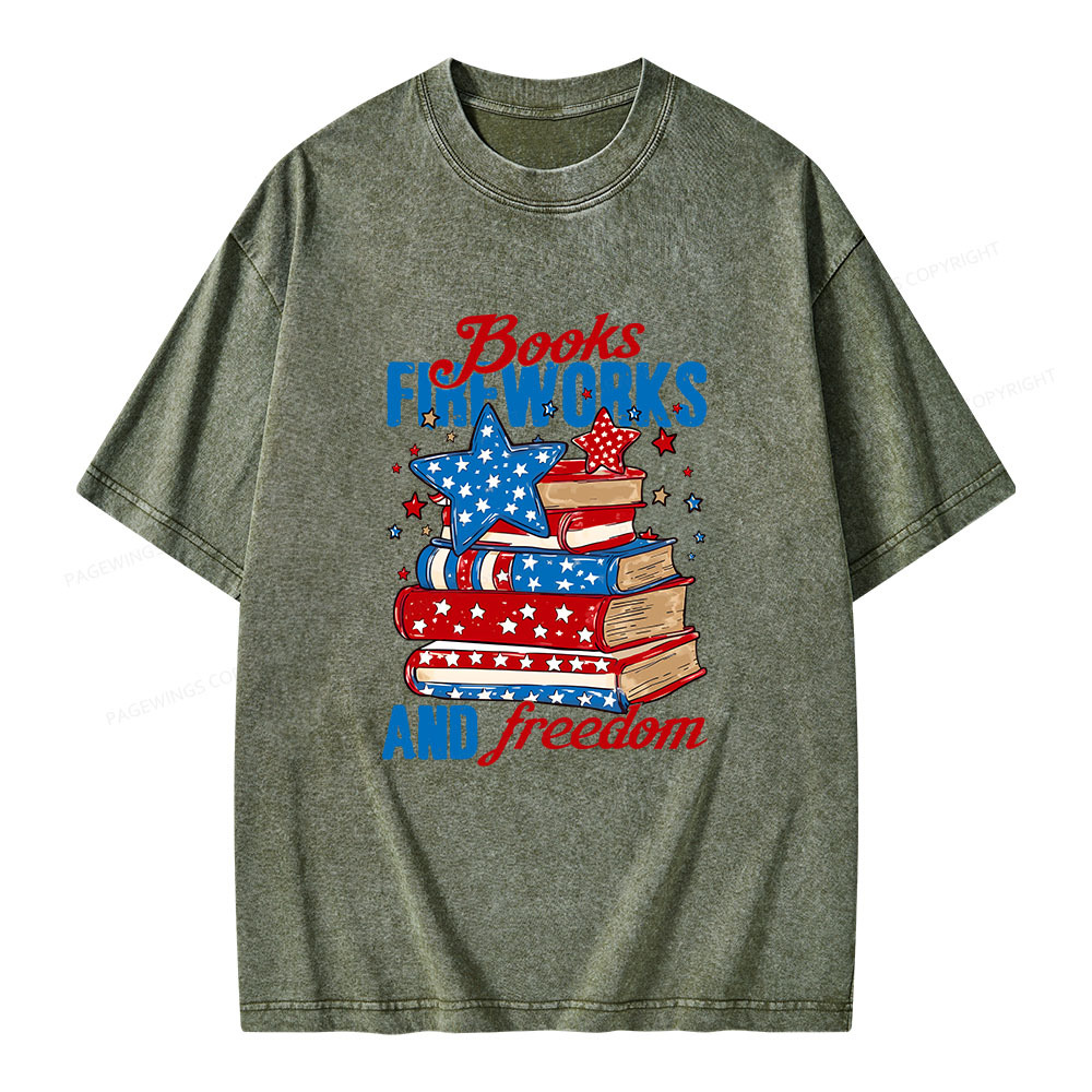Pagewings Books Fireworks and Freedom Retro Unisex Washed T-shirt