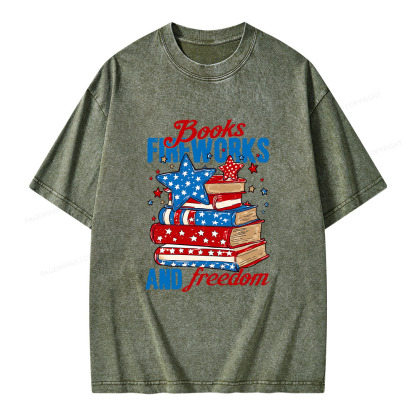 Pagewings Books Fireworks and Freedom Retro Unisex Washed T-shirt