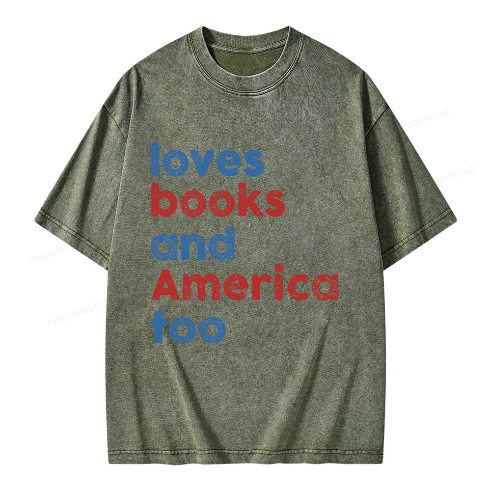Pagewings Loves Books and America Too Unisex Washed T-shirt
