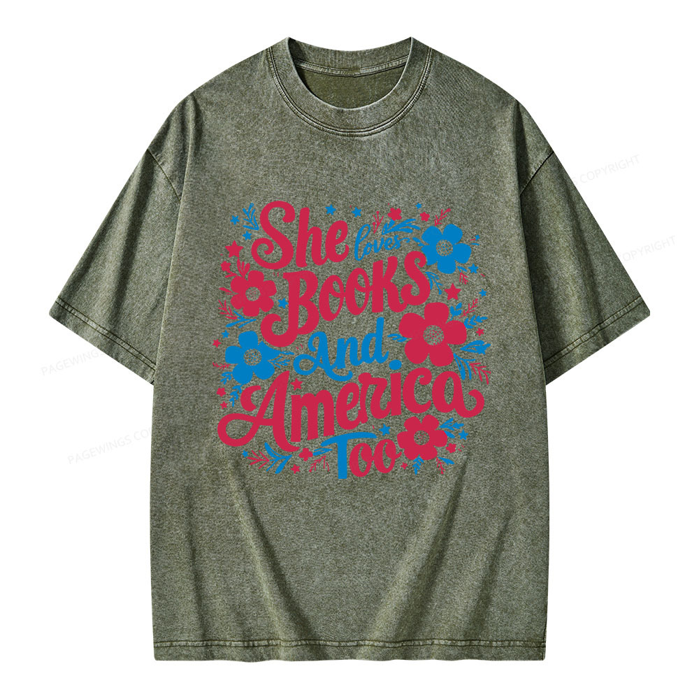 Pagewings She Loves Books And America Too Unisex Washed T-shirt