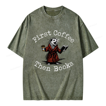 Pagewings First Coffee Then Books Unisex Washed T-shirt