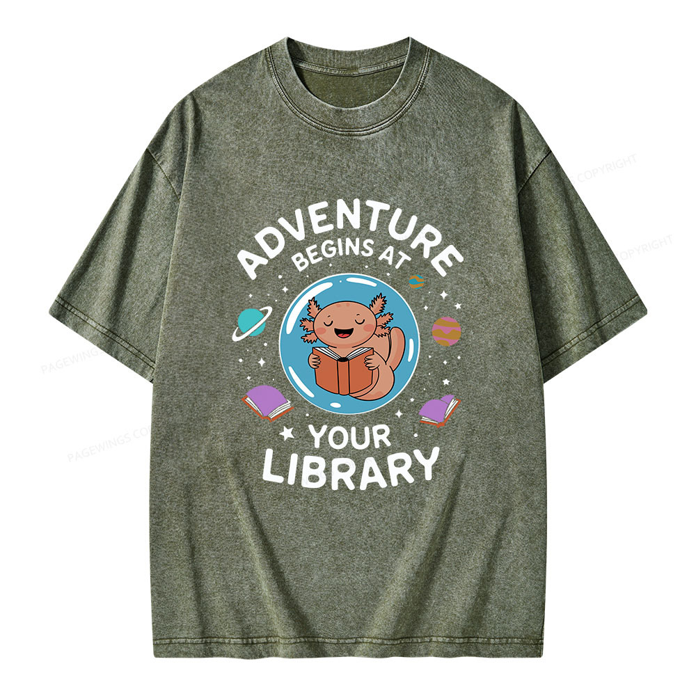 Pagewings Adventure Begins At Your Library Unisex Washed T-shirt
