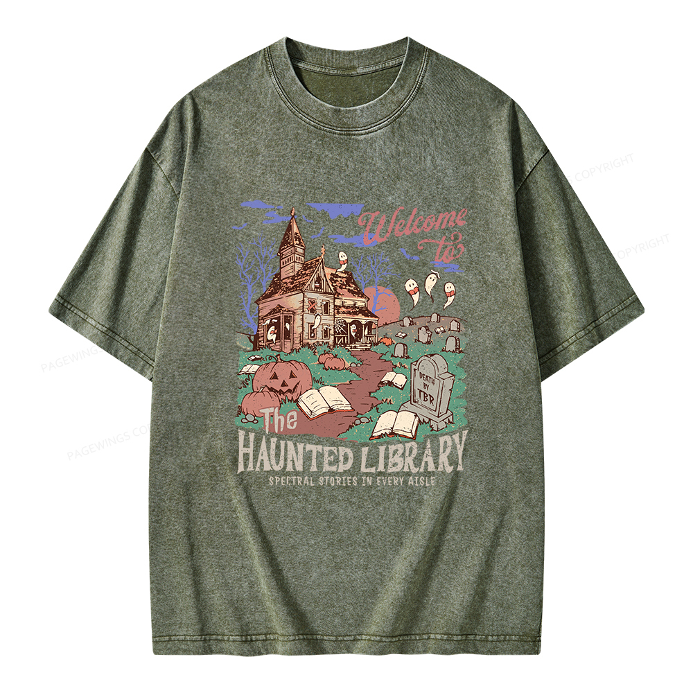 Pagewings Welcome To The Haunted Library Unisex Washed T-shirt