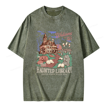 Pagewings Welcome To The Haunted Library Unisex Washed T-shirt