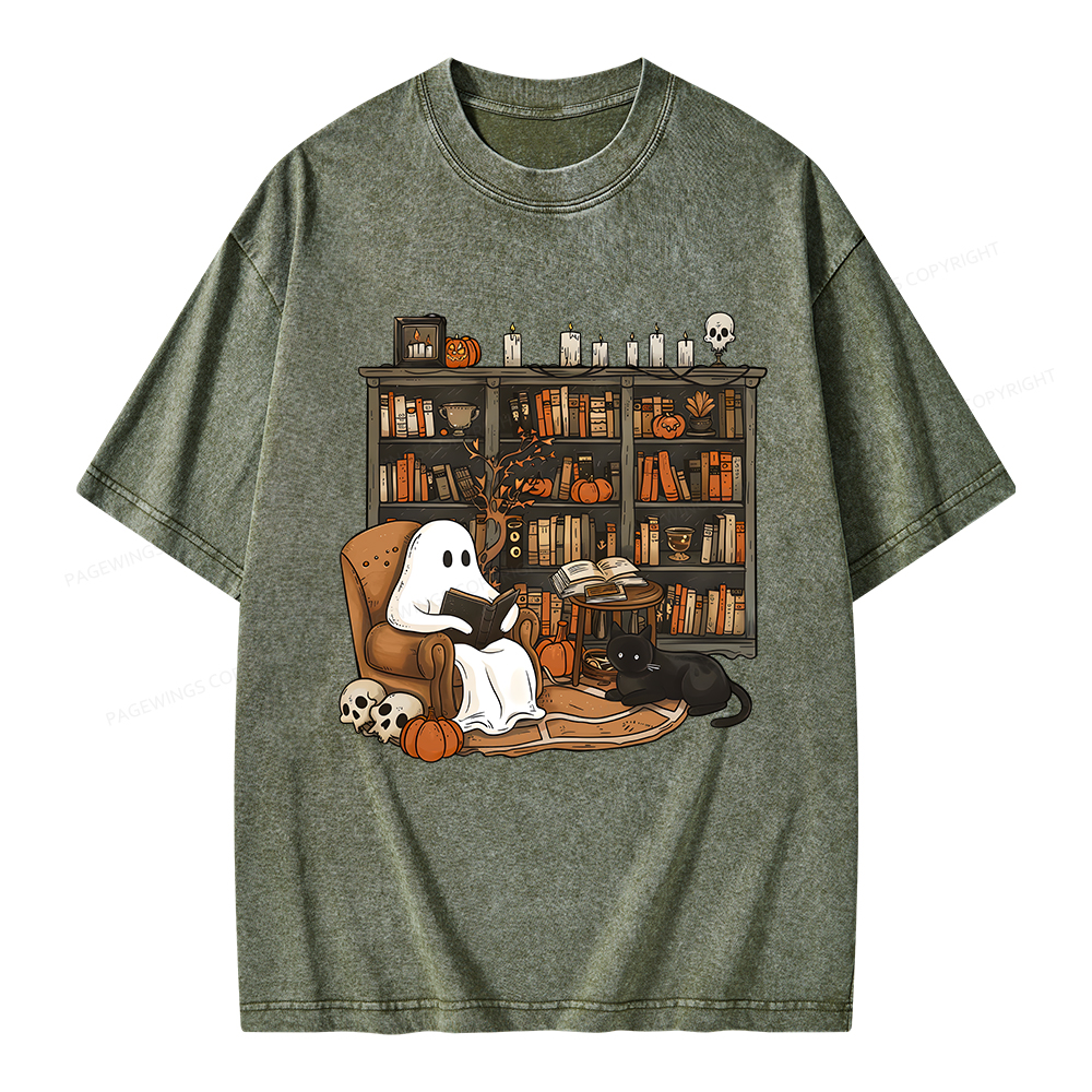 Pagewings Halloween Ghost Reading Books Unisex Washed T-shirt