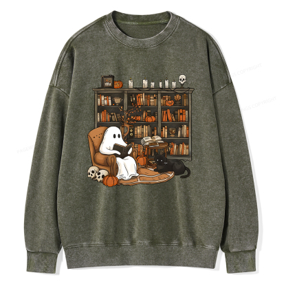 Pagewings Halloween Ghost Reading Books Unisex Washed Sweatshirt