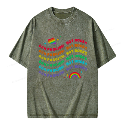 Pagewings Ban Fascism Not Books Rainbow Unisex Washed T-shirt