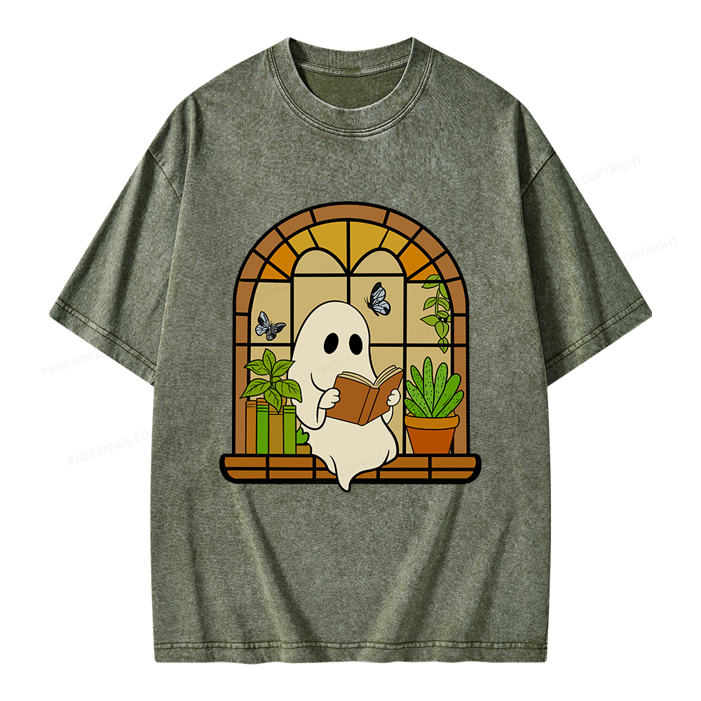 Pagewings Ghost Reading Book Halloween Unisex Washed T-shirt