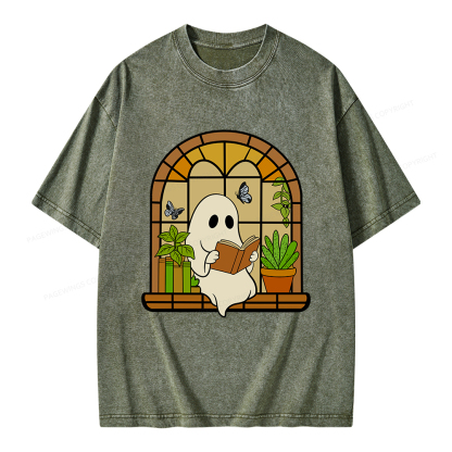 Pagewings Ghost Reading Book Halloween Unisex Washed T-shirt
