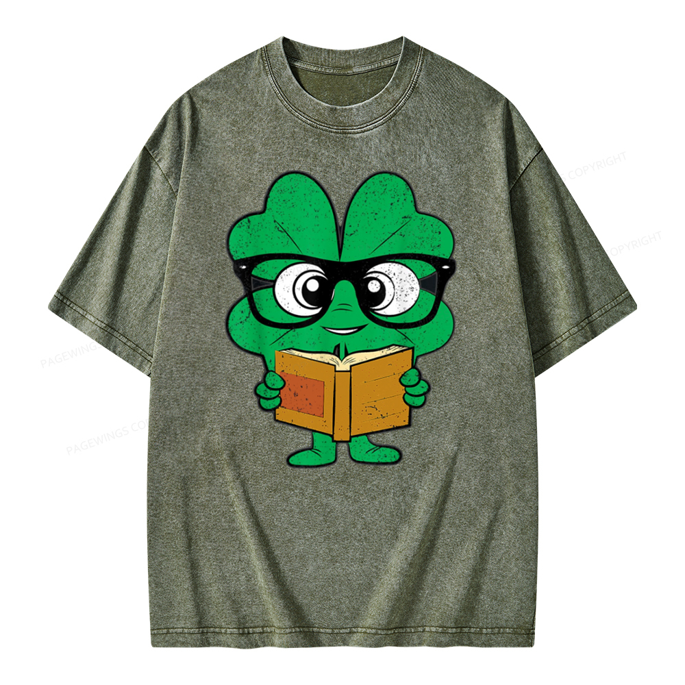 Pagewing Shamrock Reading Books St Patricks Day Unisex Washed T-shirt