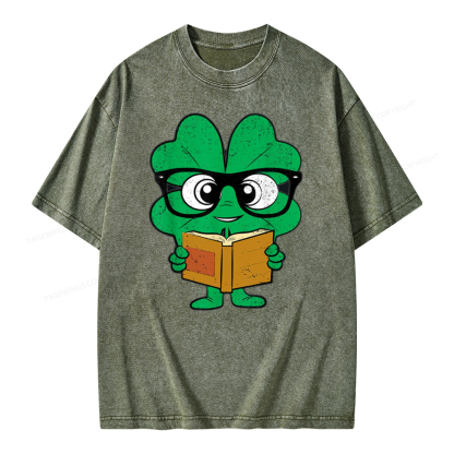 Pagewing Shamrock Reading Books St Patricks Day Unisex Washed T-shirt