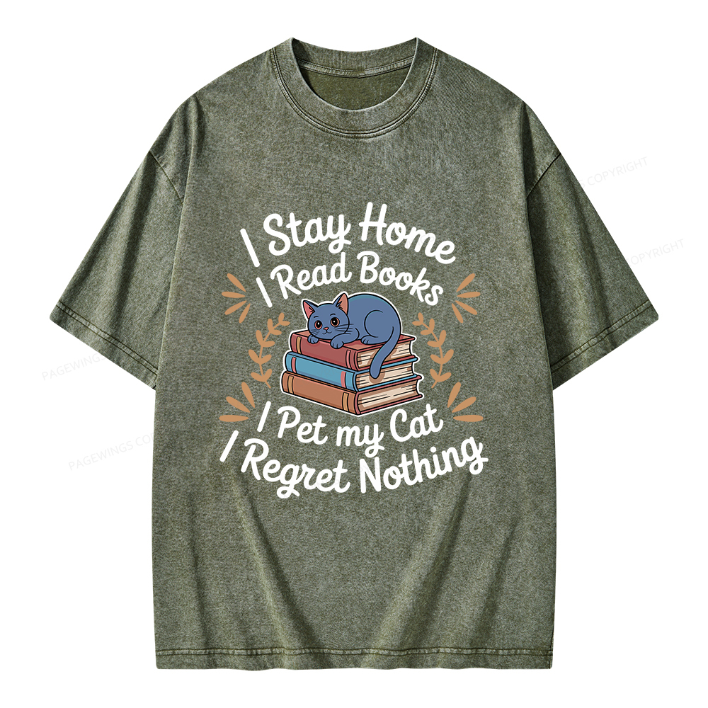 Pagewings I Stay Home I Read Books I Pet My Cat Unisex Washed T-shirt