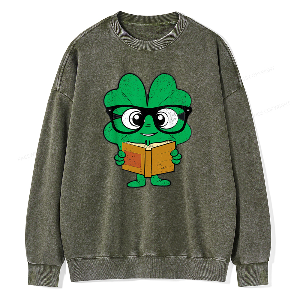 Pagewing Shamrock Reading Books St Patricks Day Unisex Washed Sweatshirt