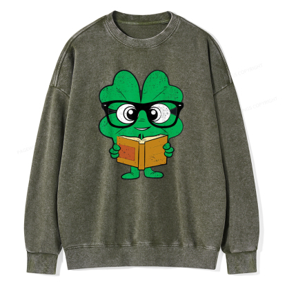 Pagewing Shamrock Reading Books St Patricks Day Unisex Washed Sweatshirt