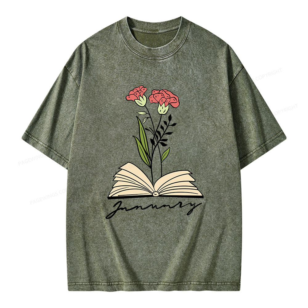 Pagewings Personalized Name Birth Flower Unisex Washed T-shirt