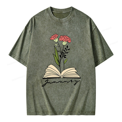 Pagewings Personalized Name Birth Flower Unisex Washed T-shirt