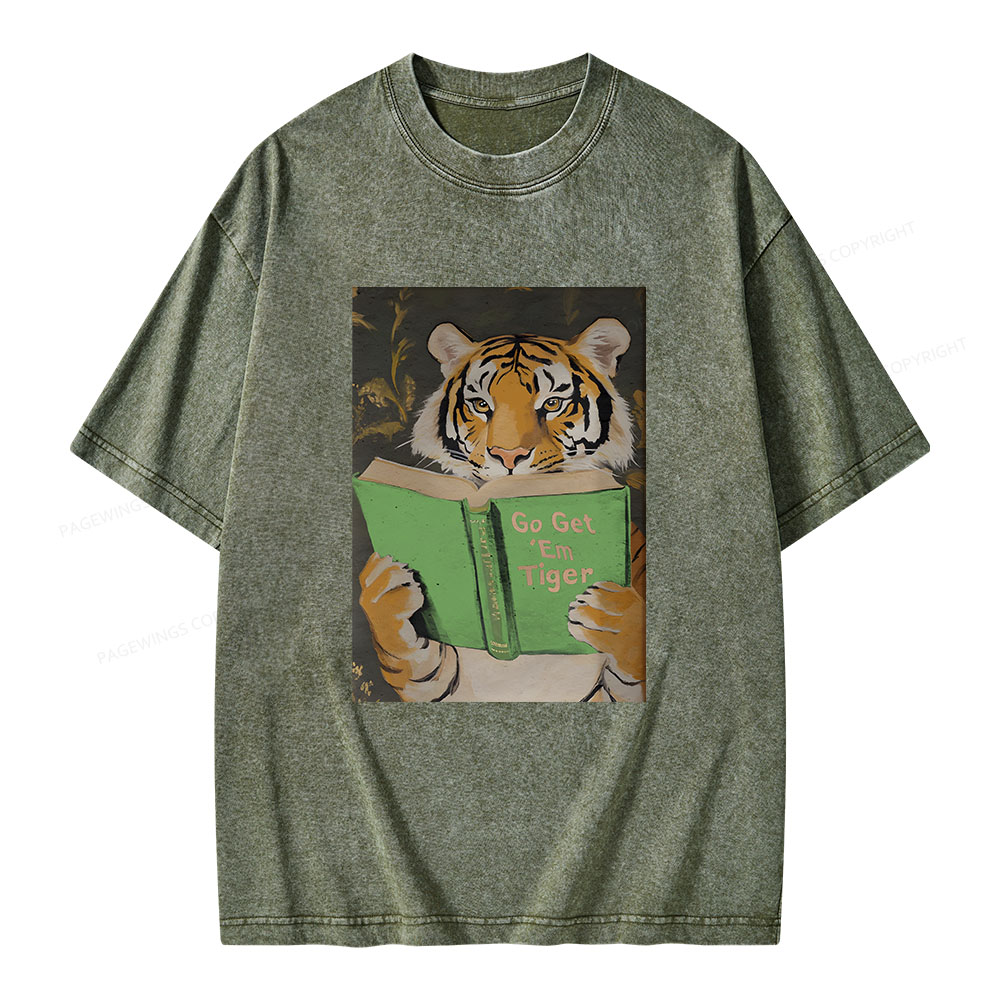 Pagewings Motivational Tiger Reading Unisex Washed T-shirt