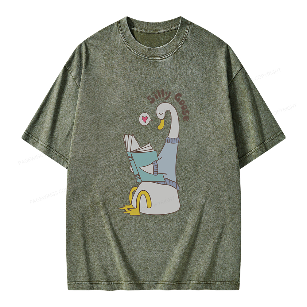 Pagewings Cute Silly Goose Reading Book Unisex Washed T-shirt