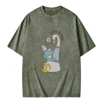 Pagewings Cute Silly Goose Reading Book Unisex Washed T-shirt