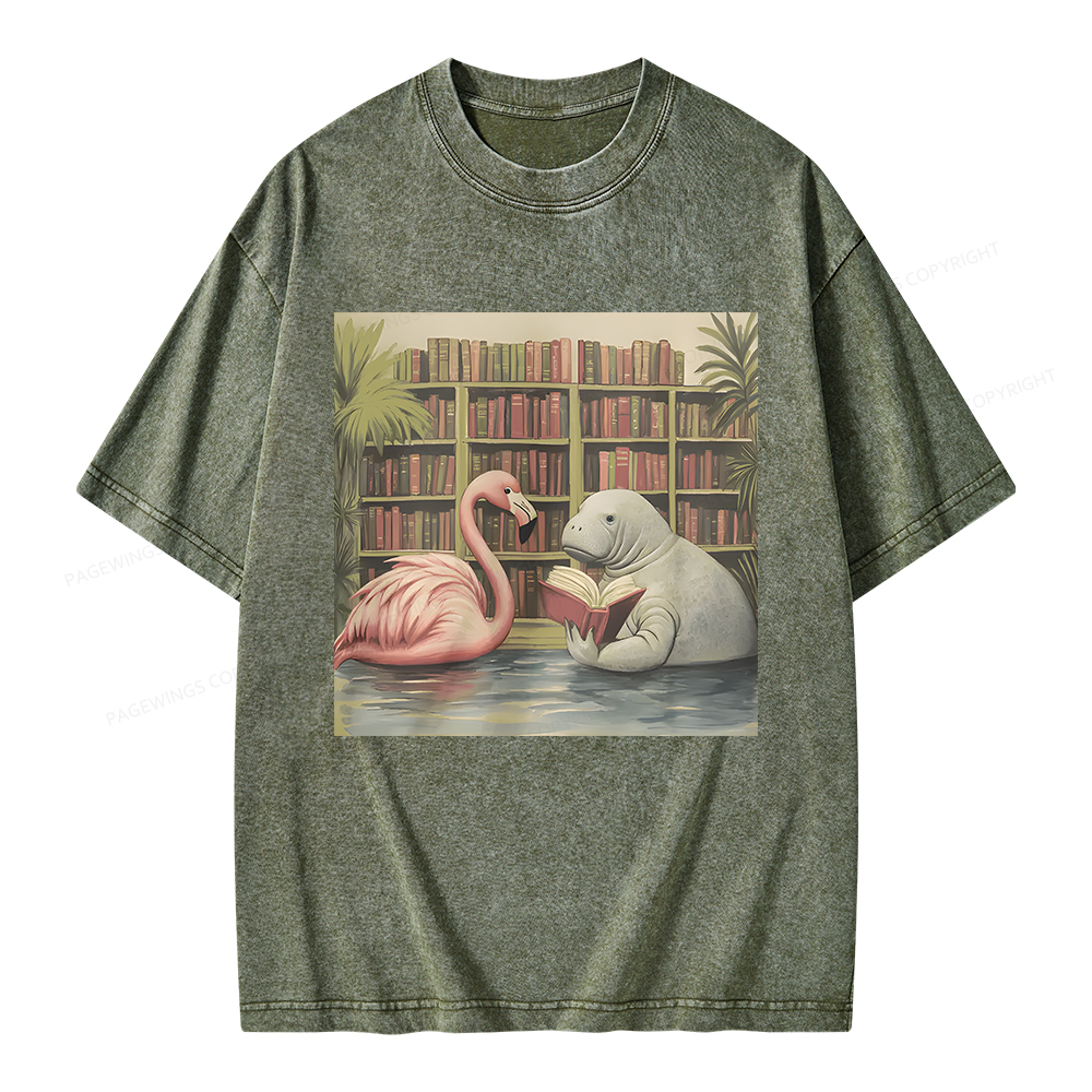 Pagewings Flamingo & Manatee Reading Book Unisex Washed T-shirt