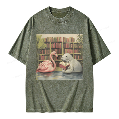 Pagewings Flamingo & Manatee Reading Book Unisex Washed T-shirt