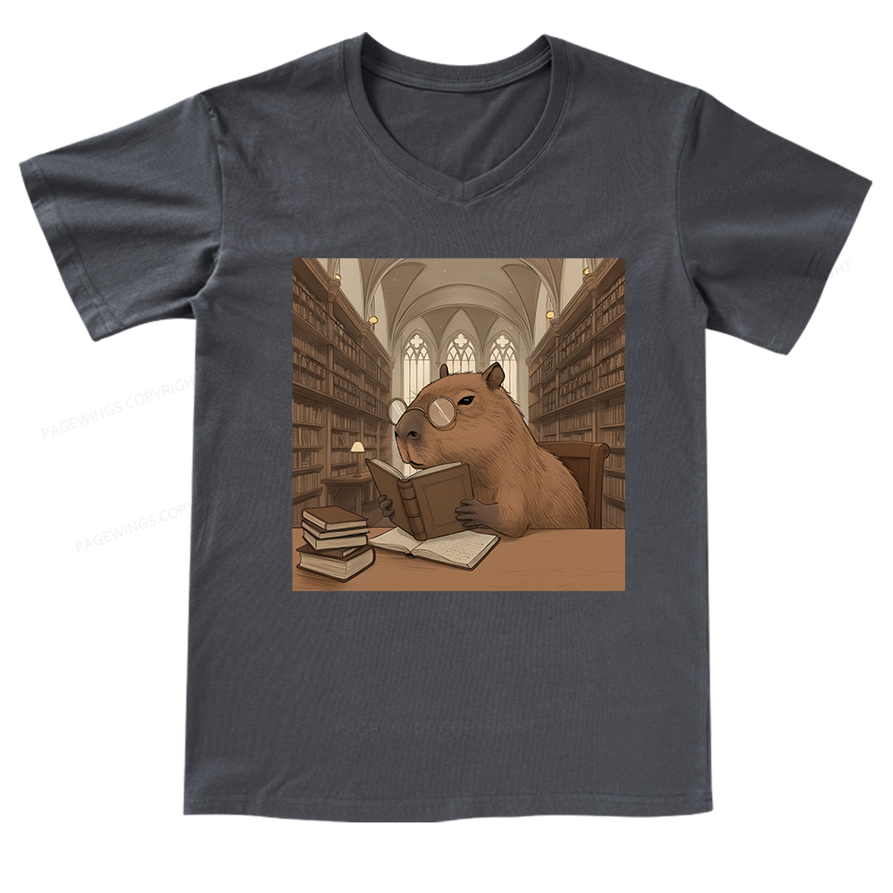 Pagewings The Reader Capybara V-neck T-shirt