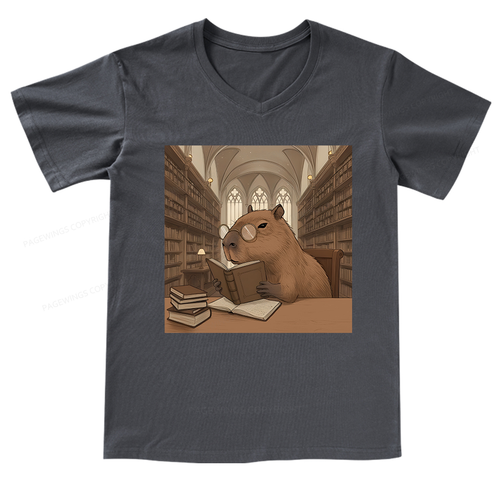 Pagewings The Reader Capybara V-neck T-shirt
