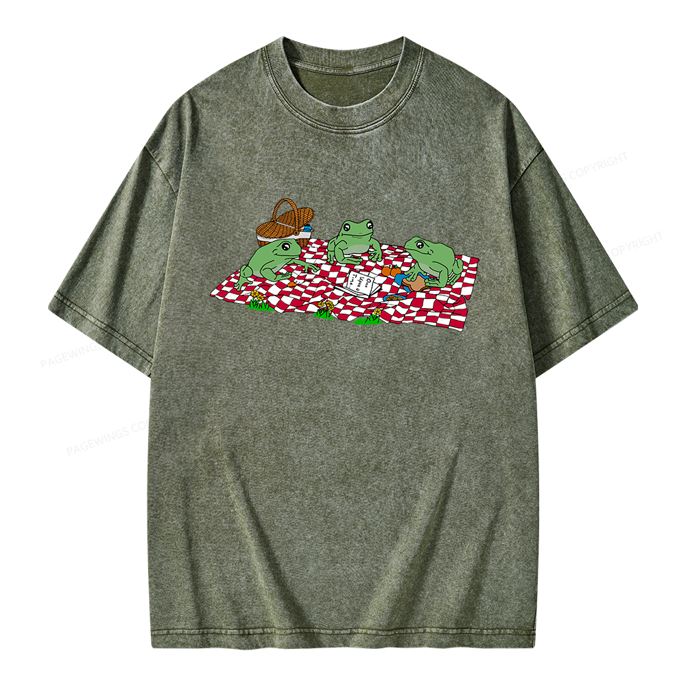 Pagewings Frog Picnic Book Summer Unisex Washed T-shirt
